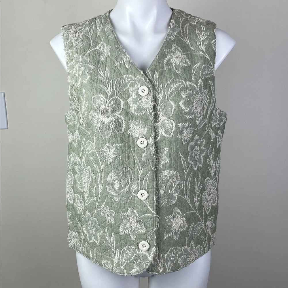 Vintage Embroidered Textile Vest Sage Green Cream